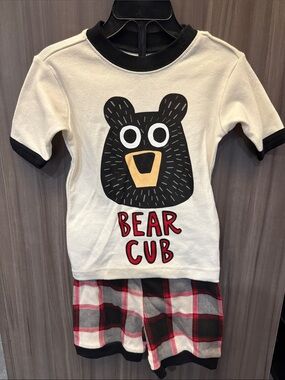 Lazy One Cream Top & Black/Red Plaid Bear Cub Pajama Set
